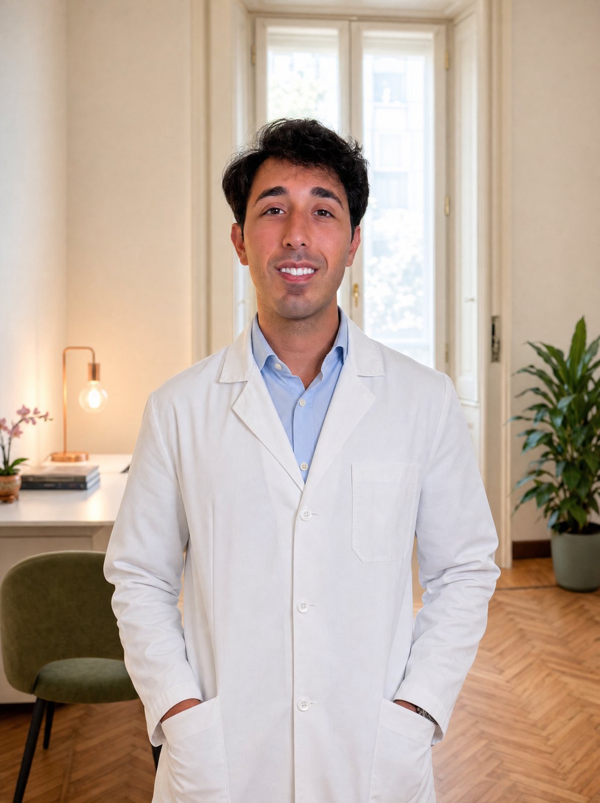 Il Dott. Giorgio Stabile in camice nel suo studio di Milano